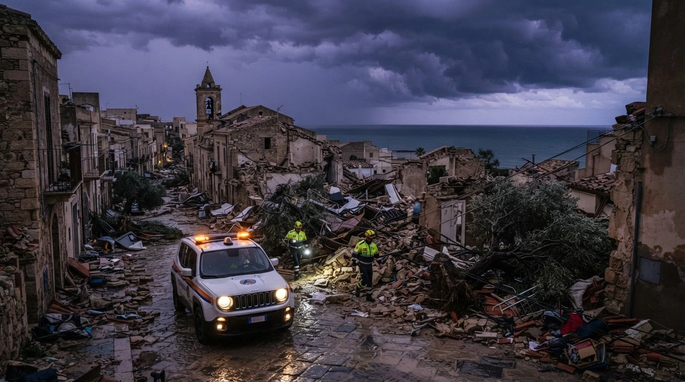 Emergency responders navigate through the debris of damaged buildings and fallen trees in Marsala, Sicily, following a destructive tornado.