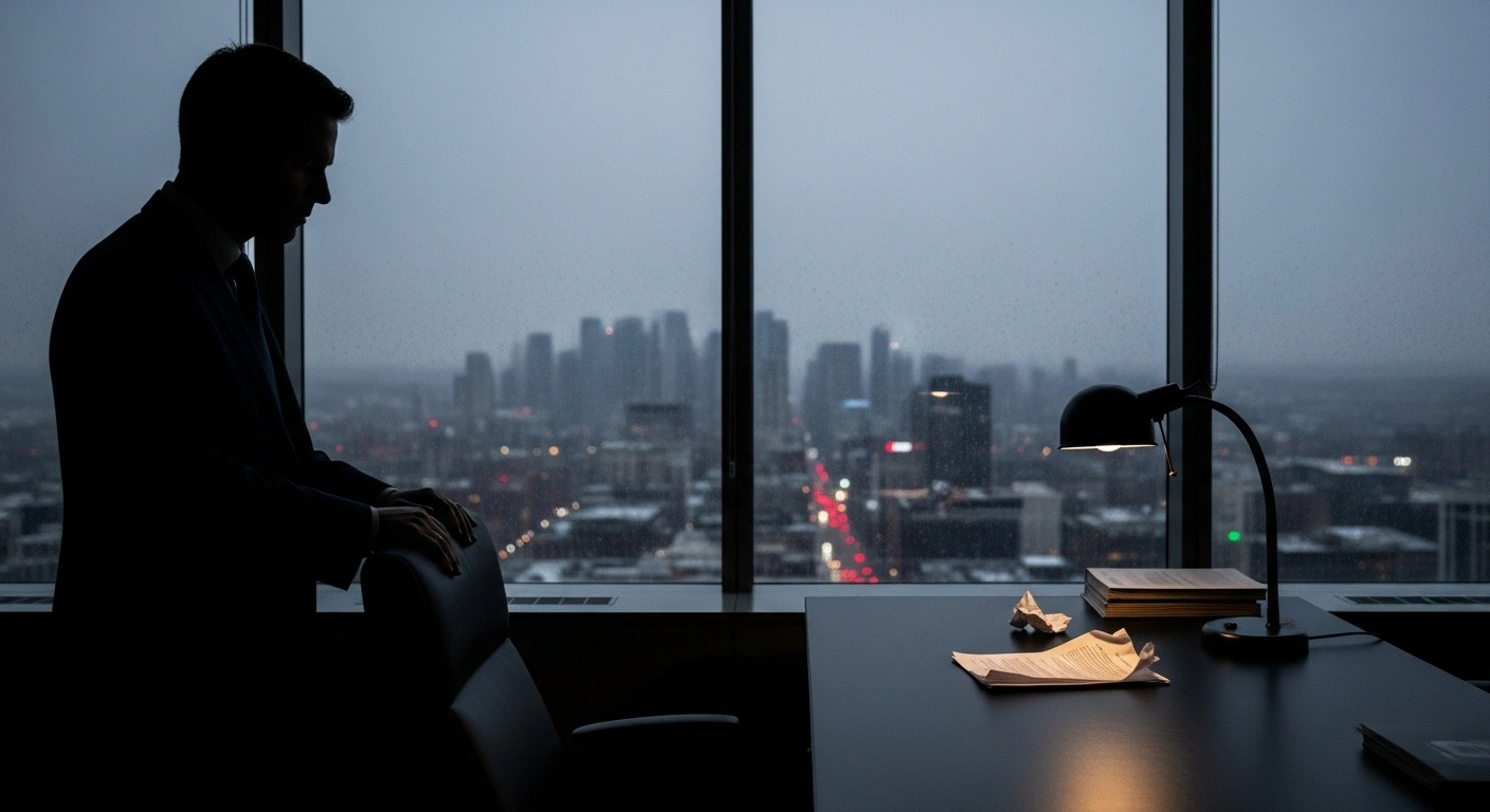 A man, representing U.S. Attorney Erik S. Siebert, stands in a dimly lit office, looking out a rain-streaked window, reflecting on his resignation under pressure from the Trump administration after declining to pursue charges against New York Attorney General Letitia James and former FBI Director James Comey.