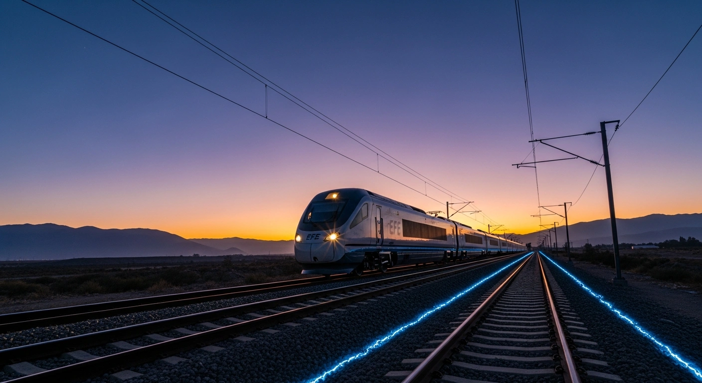 A modern EFE train, illuminated by a subtle blue glow representing advanced ETCS L2 technology, travels along a railway track in Chile at dusk, symbolizing Siemens Mobility's new signaling system deployment.