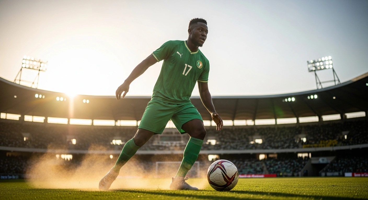 A Sierra Leone 'Leone Stars' national football team player, wearing a green and blue kit, runs determinedly on a sunlit stadium pitch, symbolizing their upcoming October 2025 2026 FIFA World Cup Qualifiers fixtures against Burkina Faso and Djibouti.