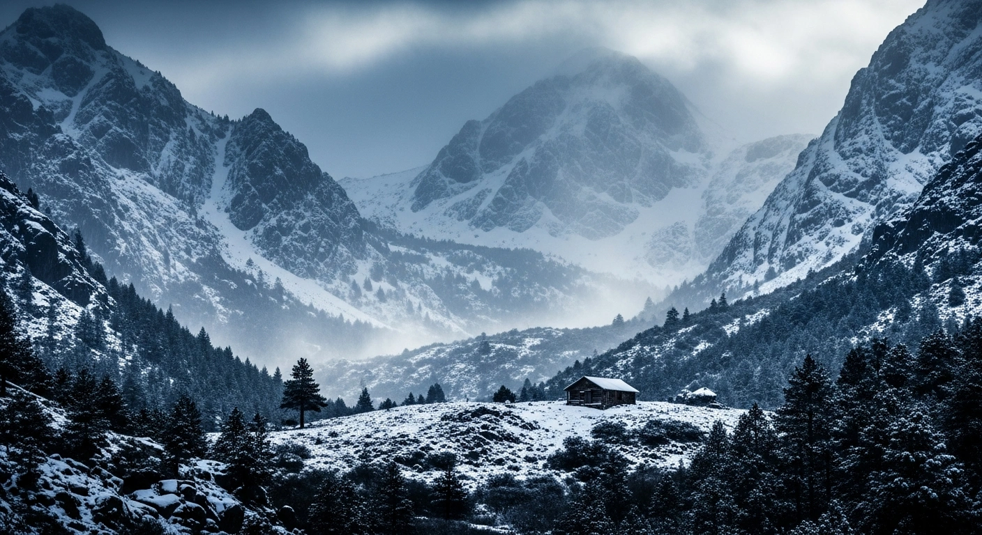 A heavy winter storm blankets the rugged Sierra Tarahumara mountains in Chihuahua, Mexico, with deep snow and strong winds.