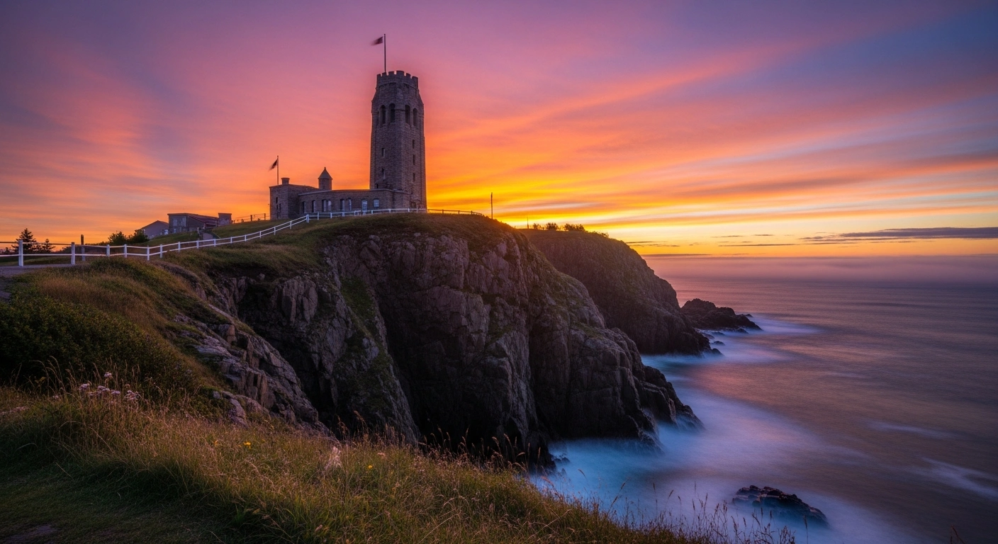 The sun rises over the historic Cabot Tower at Signal Hill National Historic Site in St. John's, marking the start of Canada Day celebrations.