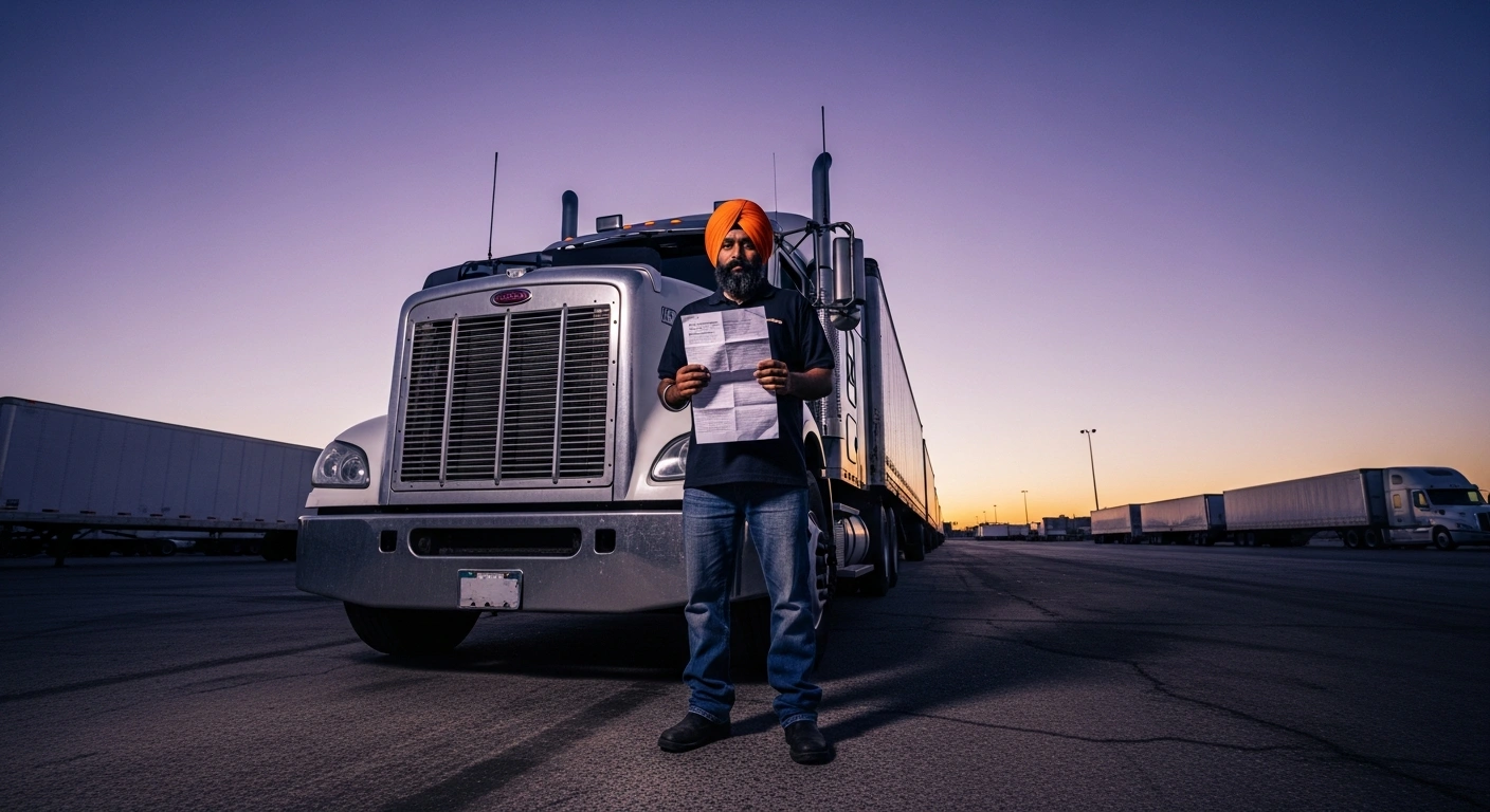 A Sikh truck driver stands in an empty California truck yard at dusk, holding a crumpled official document, symbolizing the cancellation of commercial driver's licenses by the California DMV, impacting the Sikh trucking community.