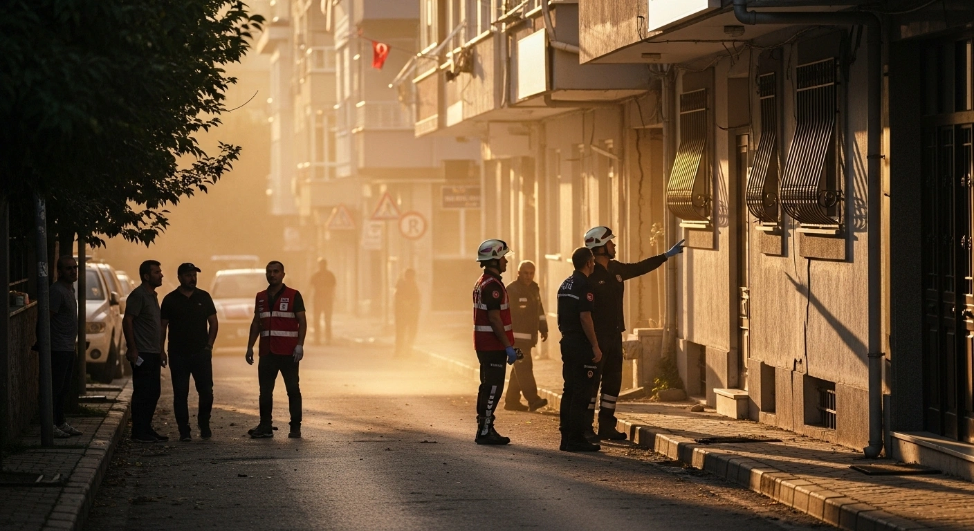 Emergency services personnel in high-visibility vests are calmly surveying a building facade with minor hairline cracks on a quiet street in Simav, Kütahya, Turkey, after a magnitude 5.4 earthquake, with local residents nearby.