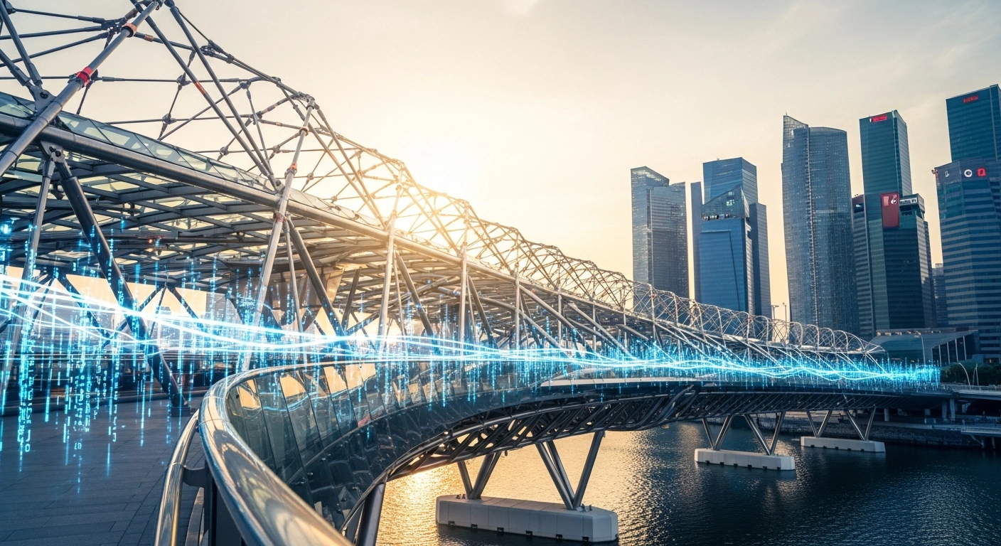 A photorealistic image depicts a futuristic glass-and-steel bridge connecting two distinct, illuminated financial districts, symbolizing the deepened financial cooperation and cross-border capital flows between Singapore and China through new capital market initiatives.