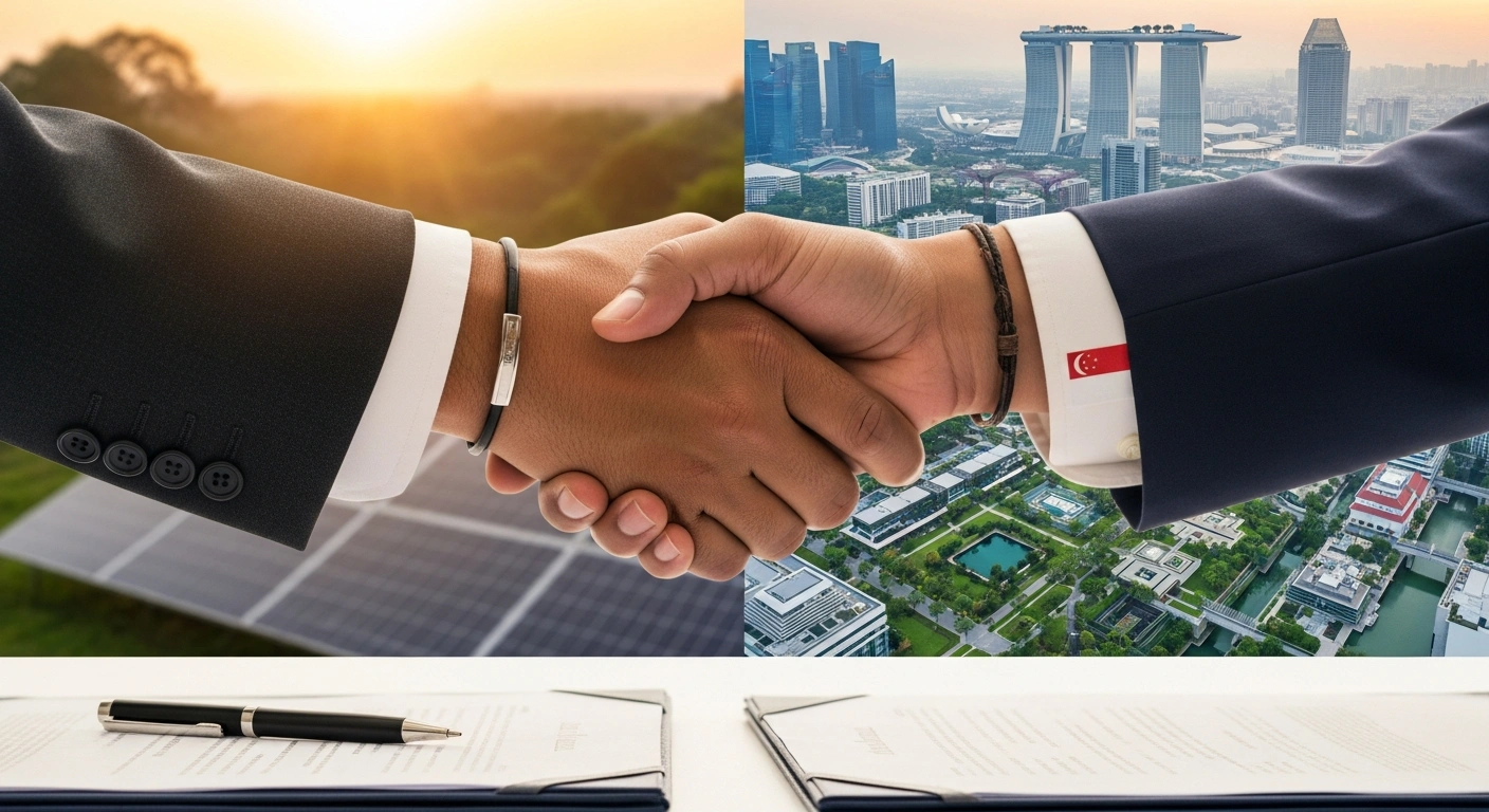 A close-up image depicts two hands, one representing Singapore and the other Malawi, shaking hands over a signed document, symbolizing their Memorandum of Understanding for a carbon credit framework at COP30, with a blurred background showing a lush green forest and solar panels on one side and a modern, green cityscape on the other.