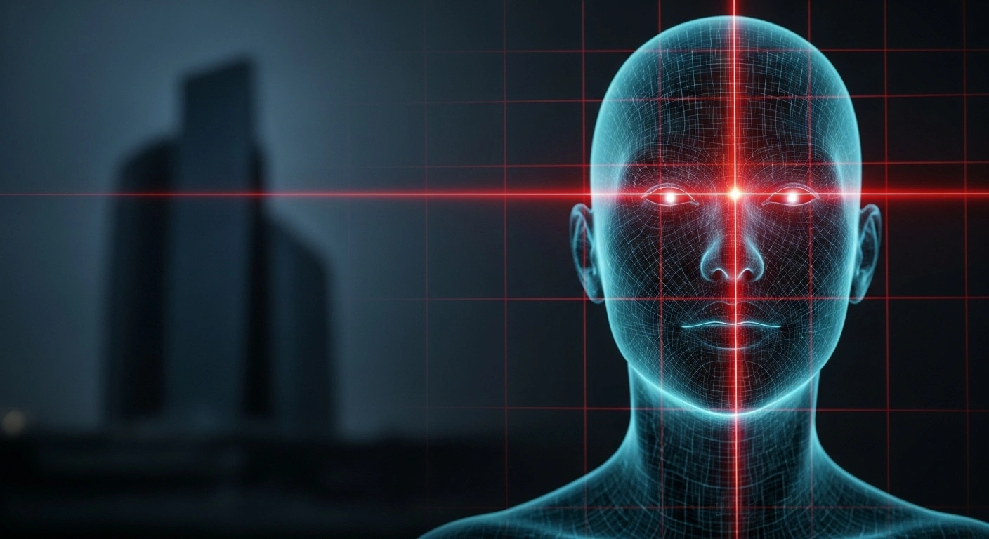 A digital human face, rendered in cool blue and green tones, is illuminated by a stark red laser grid, symbolizing facial recognition technology, representing Singapore's directive for Meta Platforms to combat Facebook impersonation scams by September 30, or face S$1 million fines under the Online Criminal Harms Act.