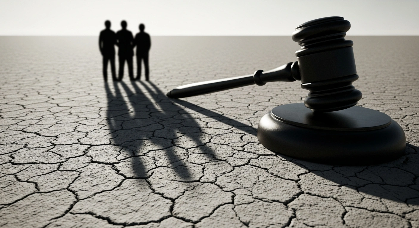A high-contrast image depicts a stylized, monolithic gavel casting a long, imposing shadow across a desolate, cracked earth towards four indistinct, silhouetted figures, symbolizing the international sanctions imposed by Singapore on Israeli individuals—Meir Mordechai Ettinger, Elisha Yered, Ben-Zion Gopstein, and Baruch Marzel—for extremist violence against Palestinians in the West Bank, underscoring commitment to international law.