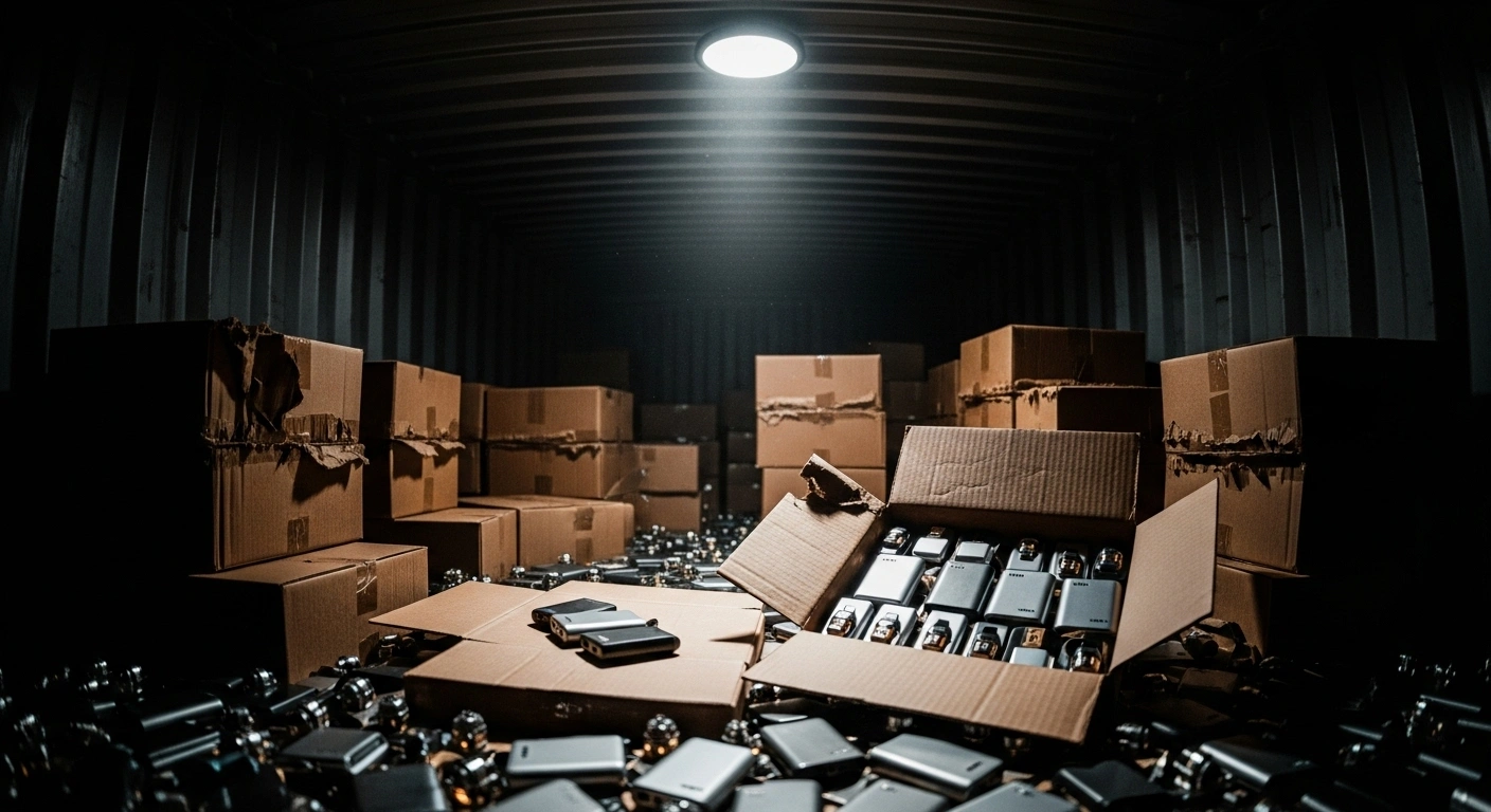 A dramatic, low-angle shot inside a dimly lit cargo container in Singapore, where a harsh spotlight illuminates thousands of seized vape pods disguised as power banks spilling from opened cardboard boxes.
