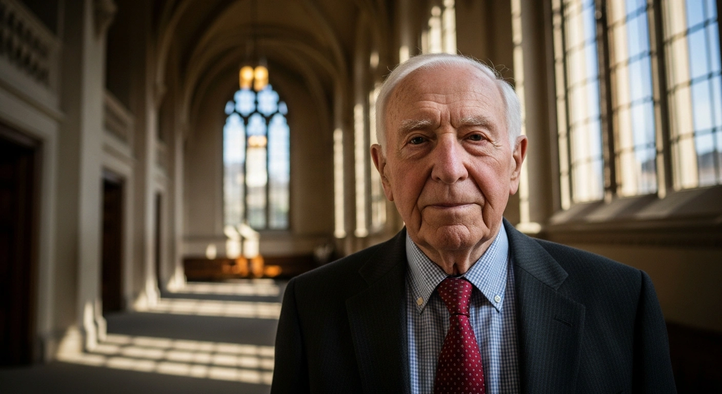 A dignified older gentleman, representing Sir Alan Bates, stands resolute in a grand, historic government building, bathed in soft, golden light, symbolizing his decades-long fight for justice in the Post Office Horizon scandal and the recent multimillion-pound settlement with the UK government.