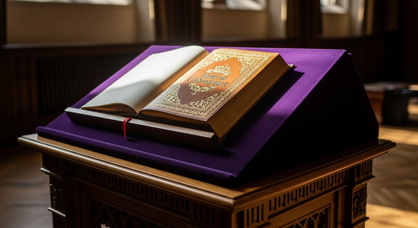 A solemn scene featuring a large, open leather-bound Book of Condolence resting on an ornate wooden lectern draped in purple velvet, symbolizing the national mourning for former Governor-General Sir Edmund Wickham Lawrence of Saint Kitts and Nevis.