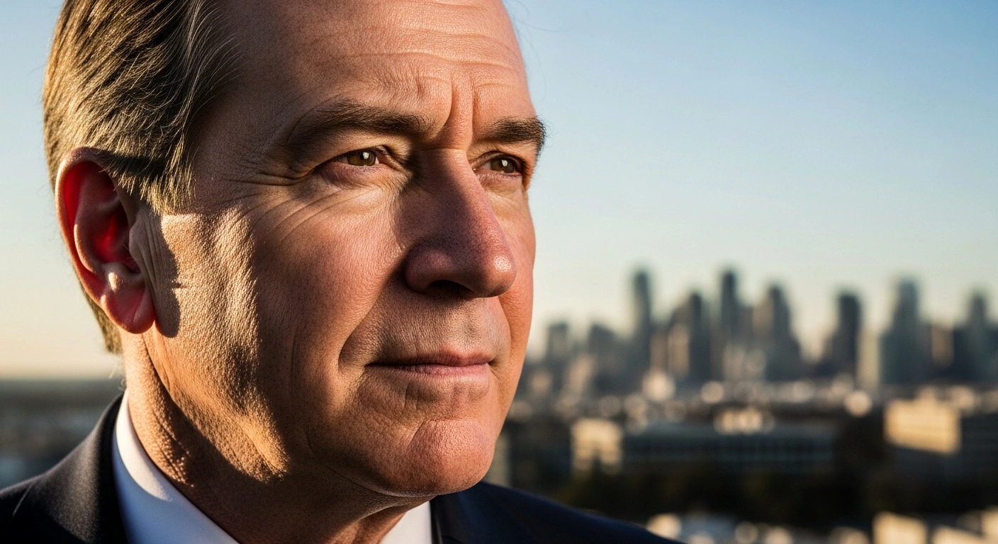 A dignified medium close-up portrait of Sir Tim Shadbolt, New Zealand's longest-serving mayor, reflecting on his extensive public service in Invercargill and Waitematā, with a city skyline subtly blurred in the background.