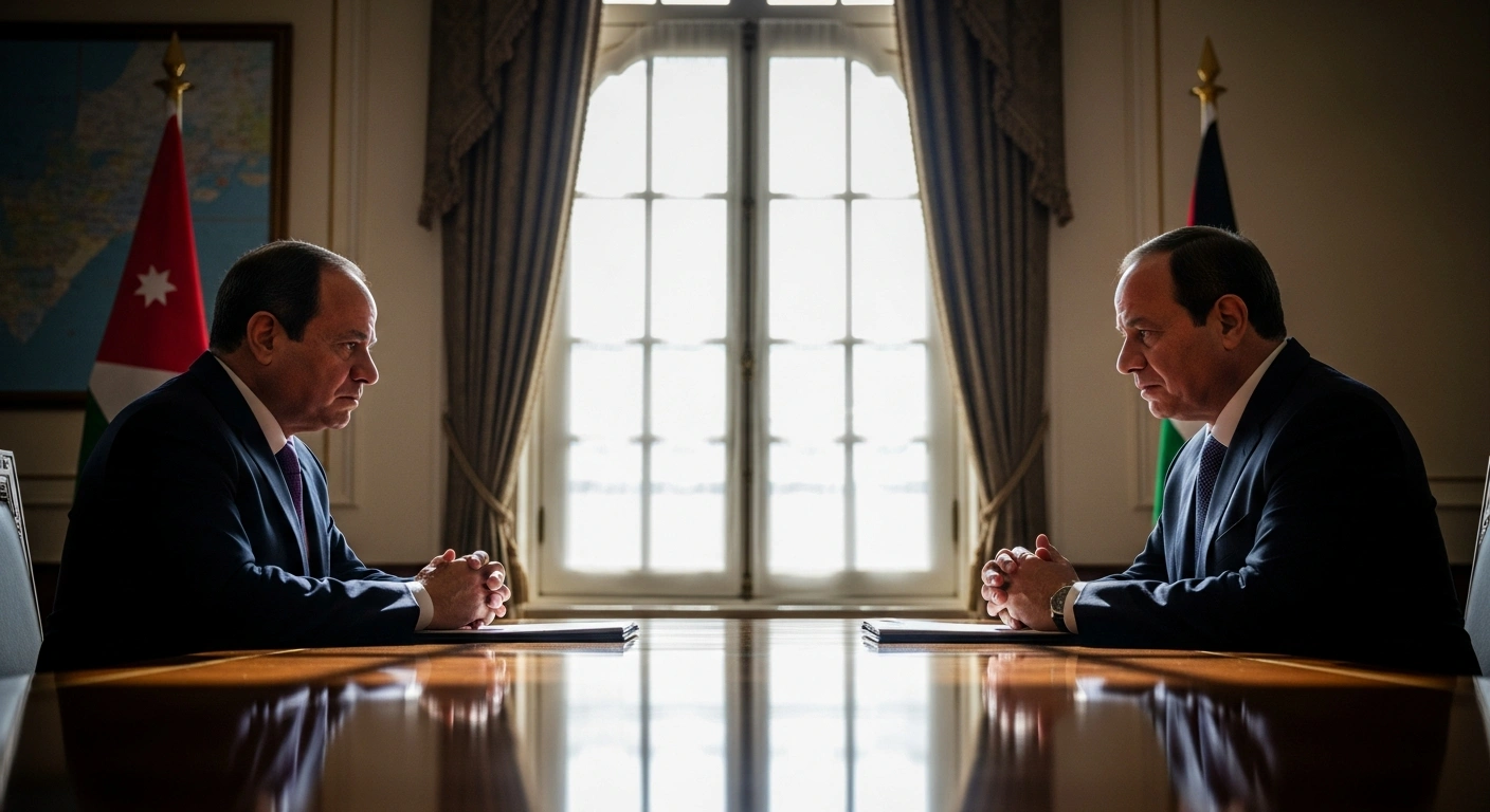 Egyptian President Abdel Fattah El-Sisi and Jordan's King Abdullah II are shown in a formal meeting in Cairo, discussing the urgent situation in Gaza, including the need for a ceasefire, humanitarian aid, reconstruction, and affirming the two-state solution.