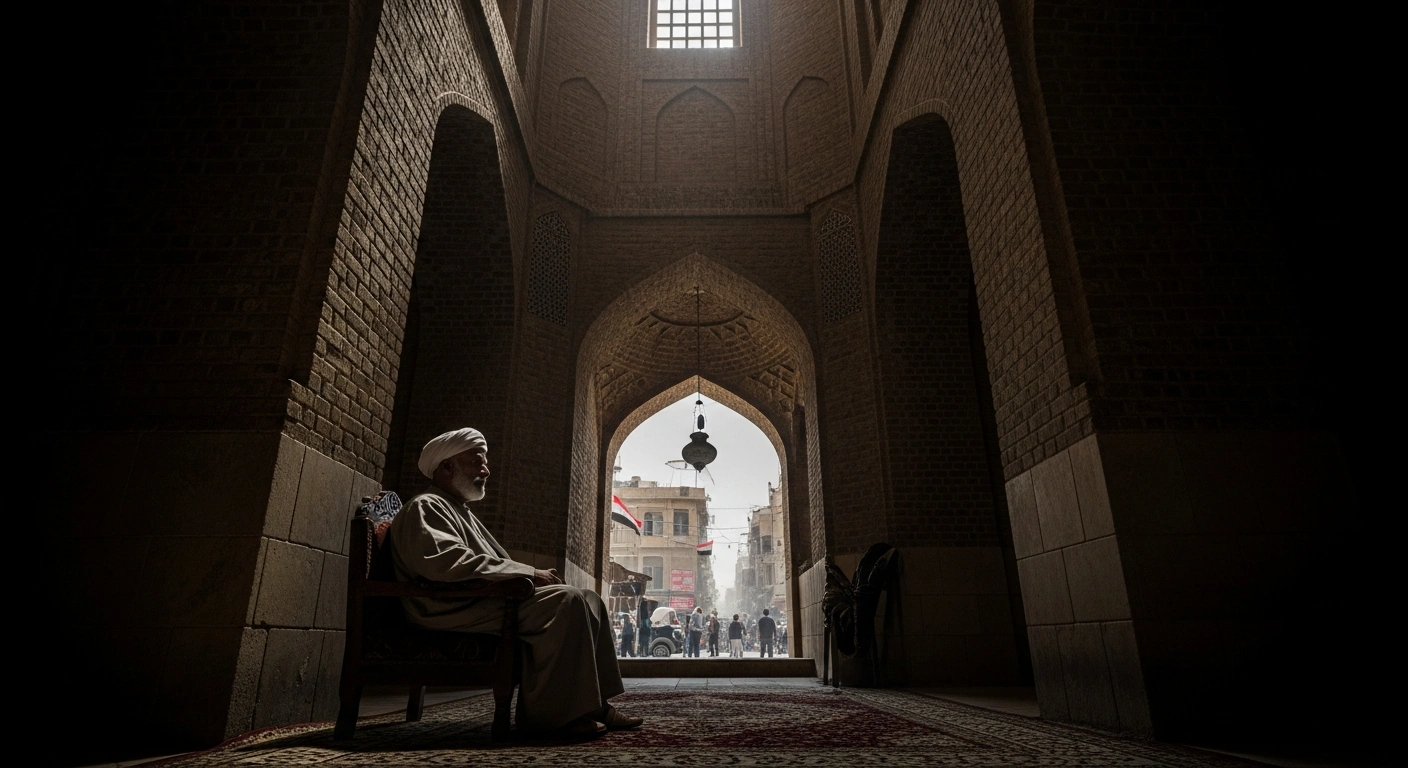 A solemn, aged religious leader, representing Grand Ayatollah Ali al-Sistani, sits quietly in a dimly lit, traditional Iraqi room, symbolizing his non-intervention in the selection of Iraq's next prime minister amidst complex government formation and his stance against foreign interference.