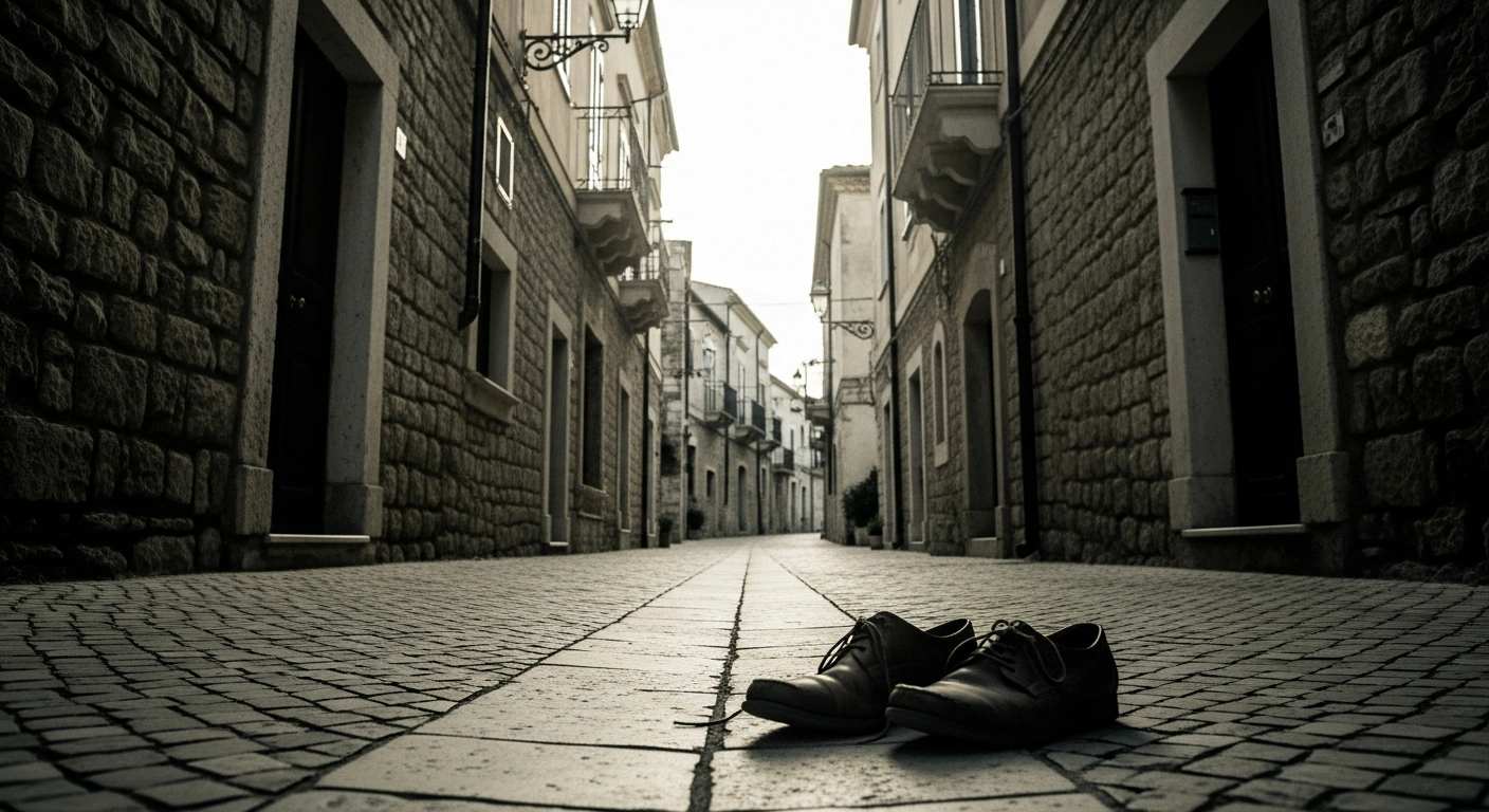 A pair of shoes rests on a cobblestone street in Formia, Italy, where two sisters were recently found safe after a kidnapping investigation.