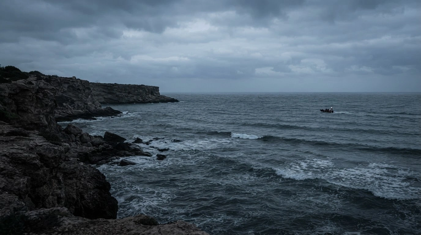 A rescue boat patrols the turbulent Mediterranean Sea off the coast of Sitges where a missing boy was discovered by emergency services.