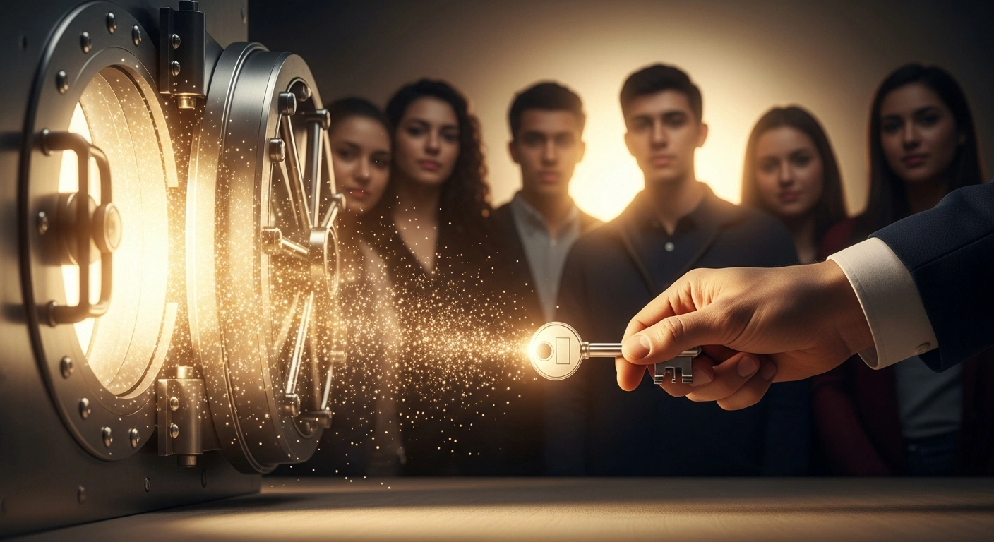 A cinematic, low-angle shot of a symbolic, glowing vault door opening, revealing a cascade of golden light, as a hand places a key into a lock, representing the Special Investigating Unit's recovery of R1.7 billion for the National Student Financial Aid Scheme (NSFAS) in South Africa, with hopeful students subtly illuminated in the background.