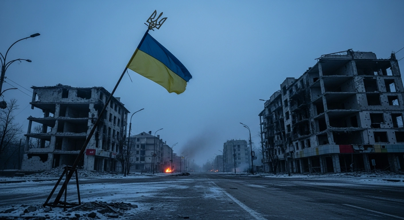 A wide, low-angle shot depicts a desolate, war-torn city street at dawn, with skeletal buildings and a tattered Ukrainian flag flying defiantly, symbolizing the contested control of Siversk in the Donetsk region between Russian forces and Ukrainian defenders.
