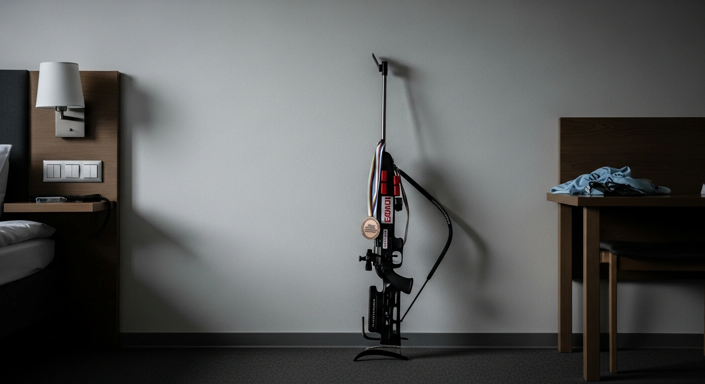 A dimly lit hotel room features a biathlon rifle leaning against a wall with a European championship medal draped over its stock, symbolizing the tragic death of Norwegian biathlete Sivert Guttorm Bakken during a training camp in Italy.