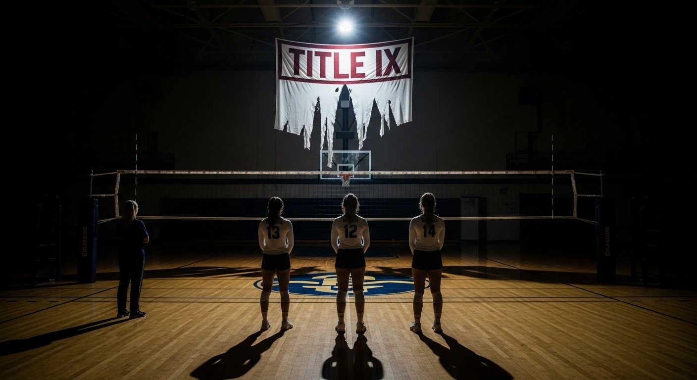 A dimly lit university volleyball court features a tattered Title IX banner hanging above the net, with the silhouettes of three female athletes standing with slumped shoulders and an older figure gazing at the banner, symbolizing the San José State University Title IX violation and retaliation against female athletes and a coach.