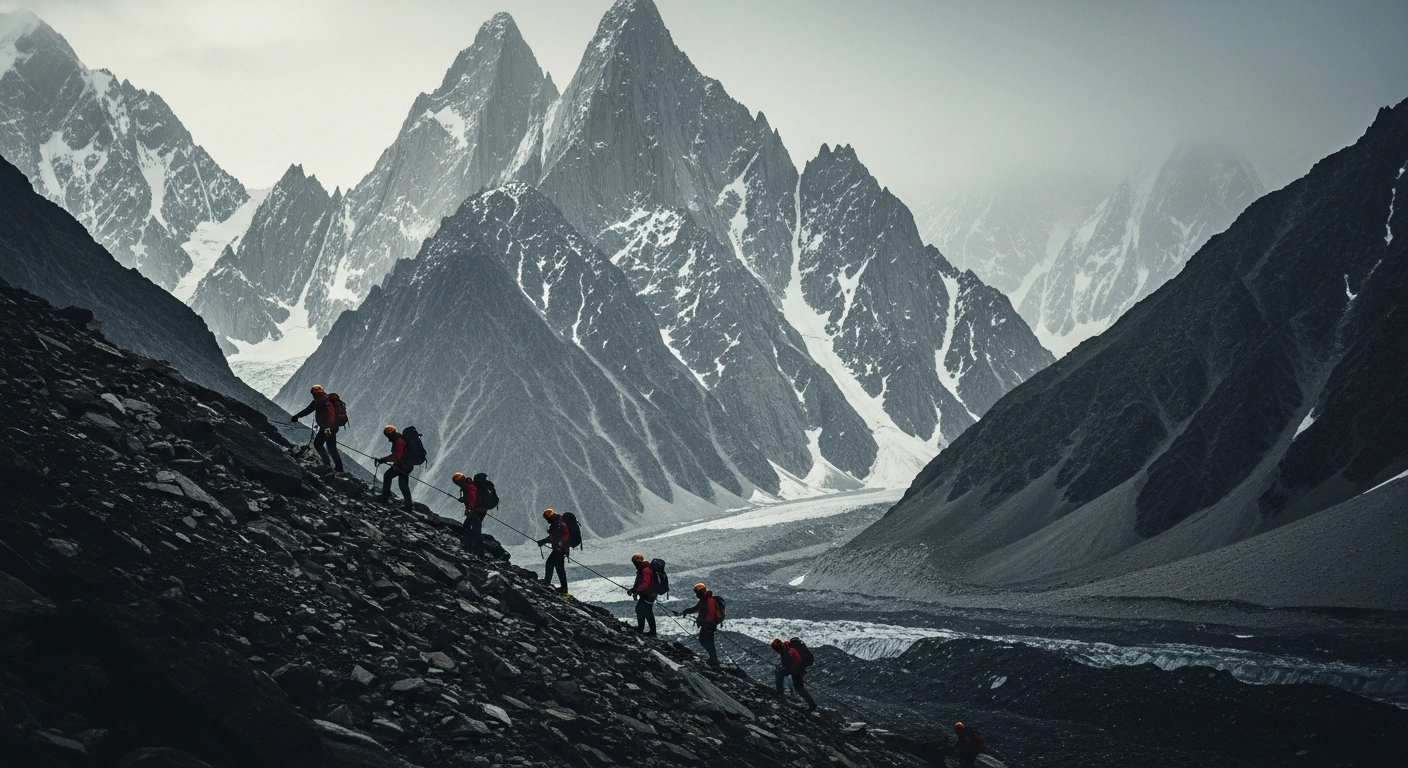 A rescue team searches for a missing Japanese trekker in the rugged, mountainous terrain of the Skardu region in Pakistan.