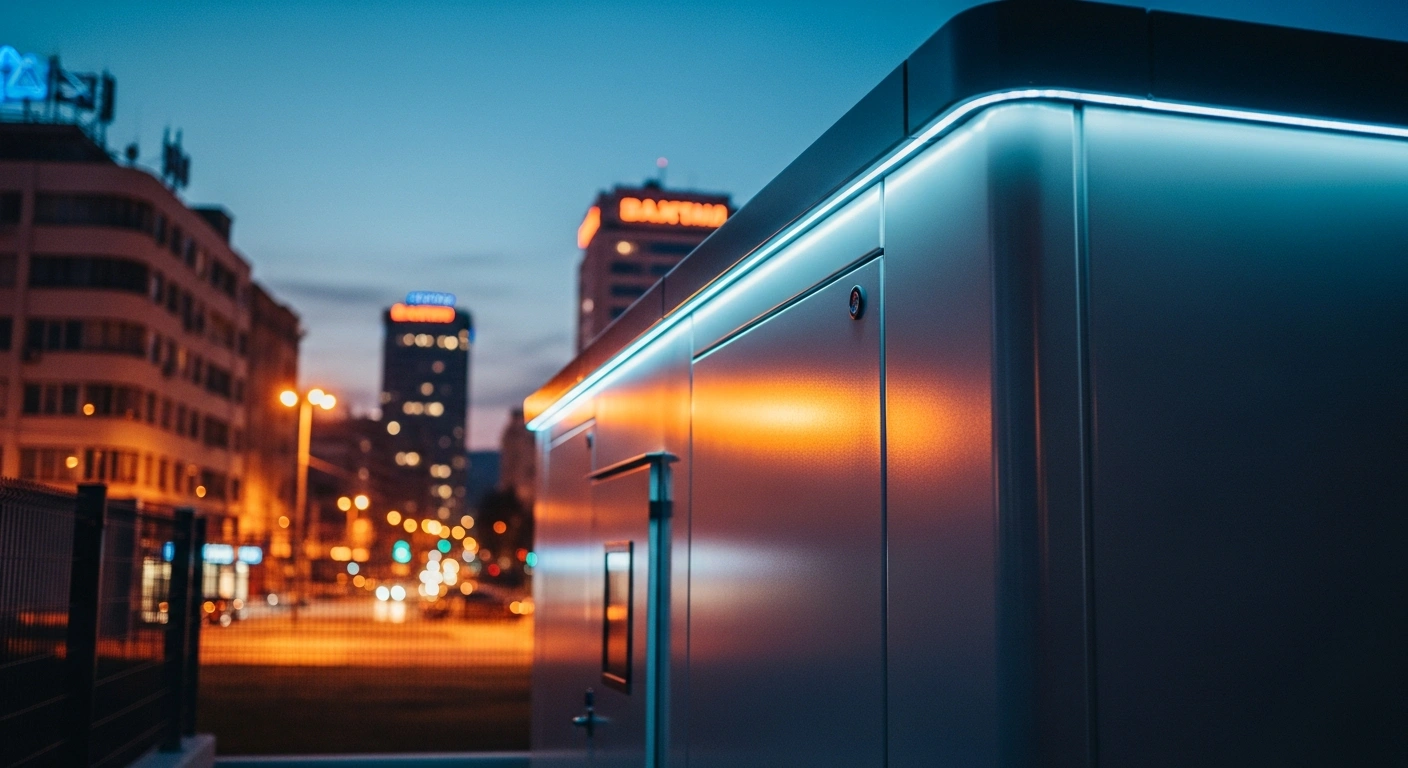 A modern compact electrical substation stands in the center of Skopje to provide reliable power to the city.