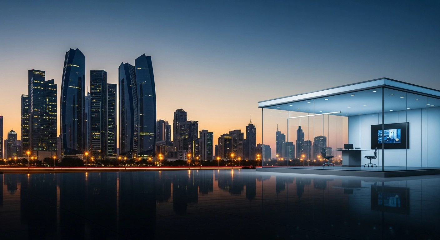 A modern broadcasting studio building stands in front of the Abu Dhabi skyline during sunset, representing the change in operational management of Sky News Arabia.
