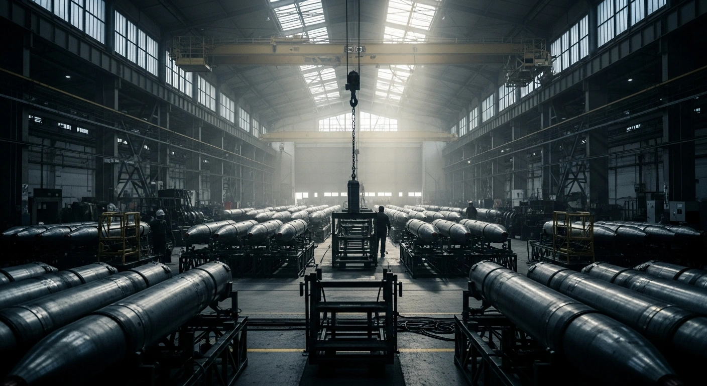 Inside a large, repurposed industrial hangar, partially assembled 122mm rockets are shown on a production line, symbolizing SkyPro Propulsion's new manufacturing operation at a former NATO base to bolster European defense.