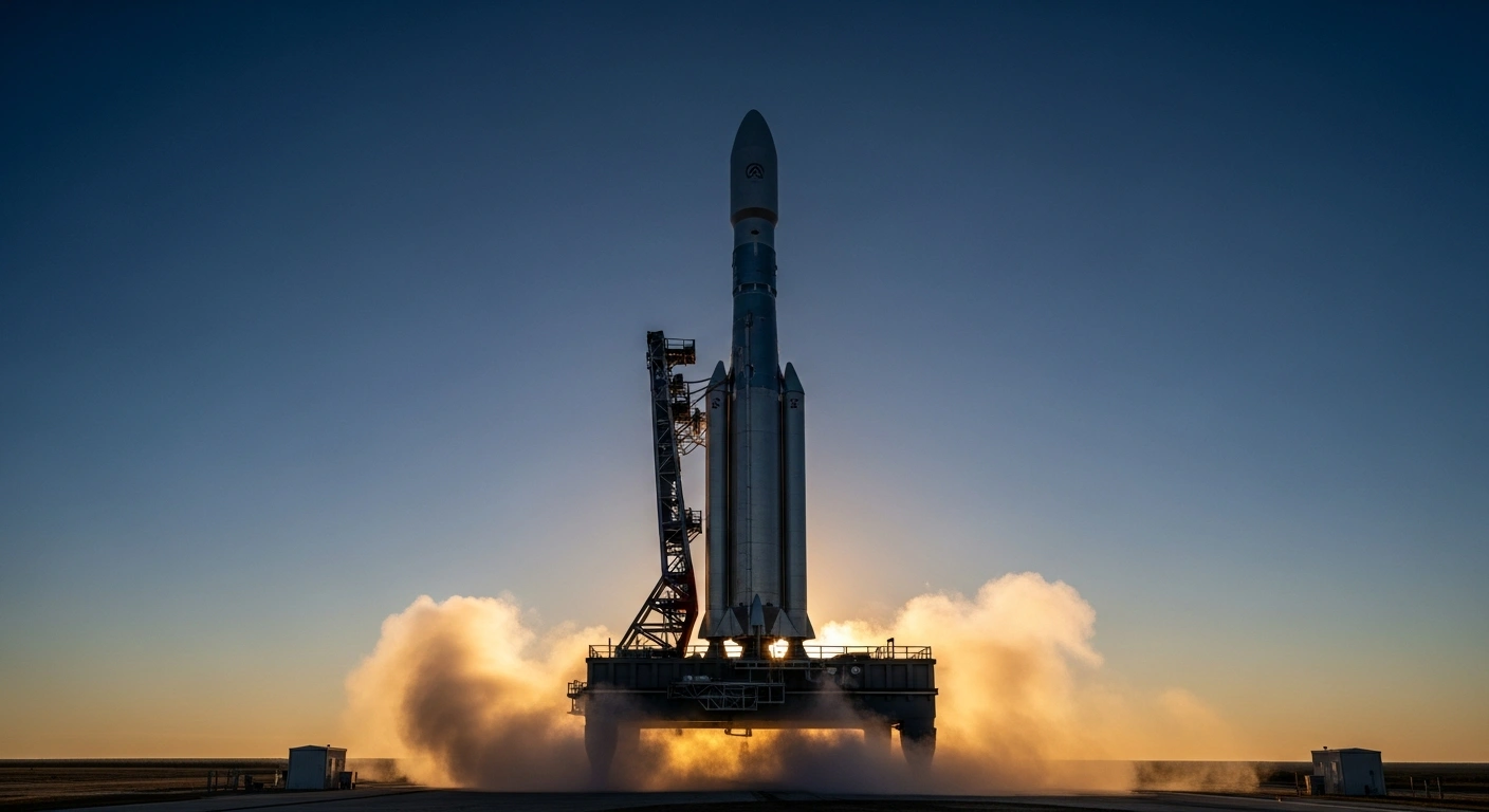 A sleek, privately developed Vikram-1 orbital-class rocket stands on a launch pad during a golden sunrise in India.