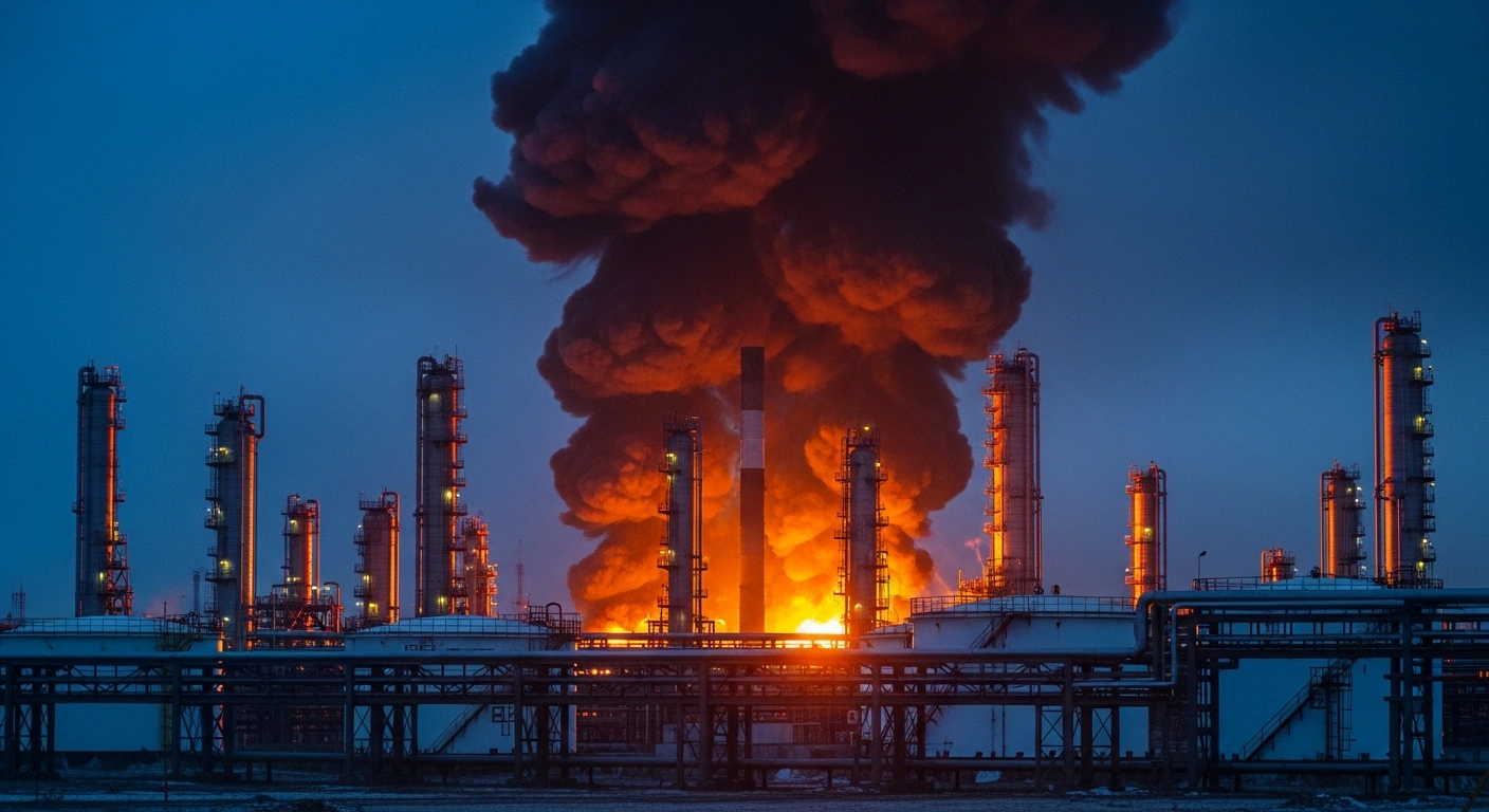 A large fire burns at the Slavneft-YANOS oil refinery in Yaroslavl, Russia, following a reported drone strike.