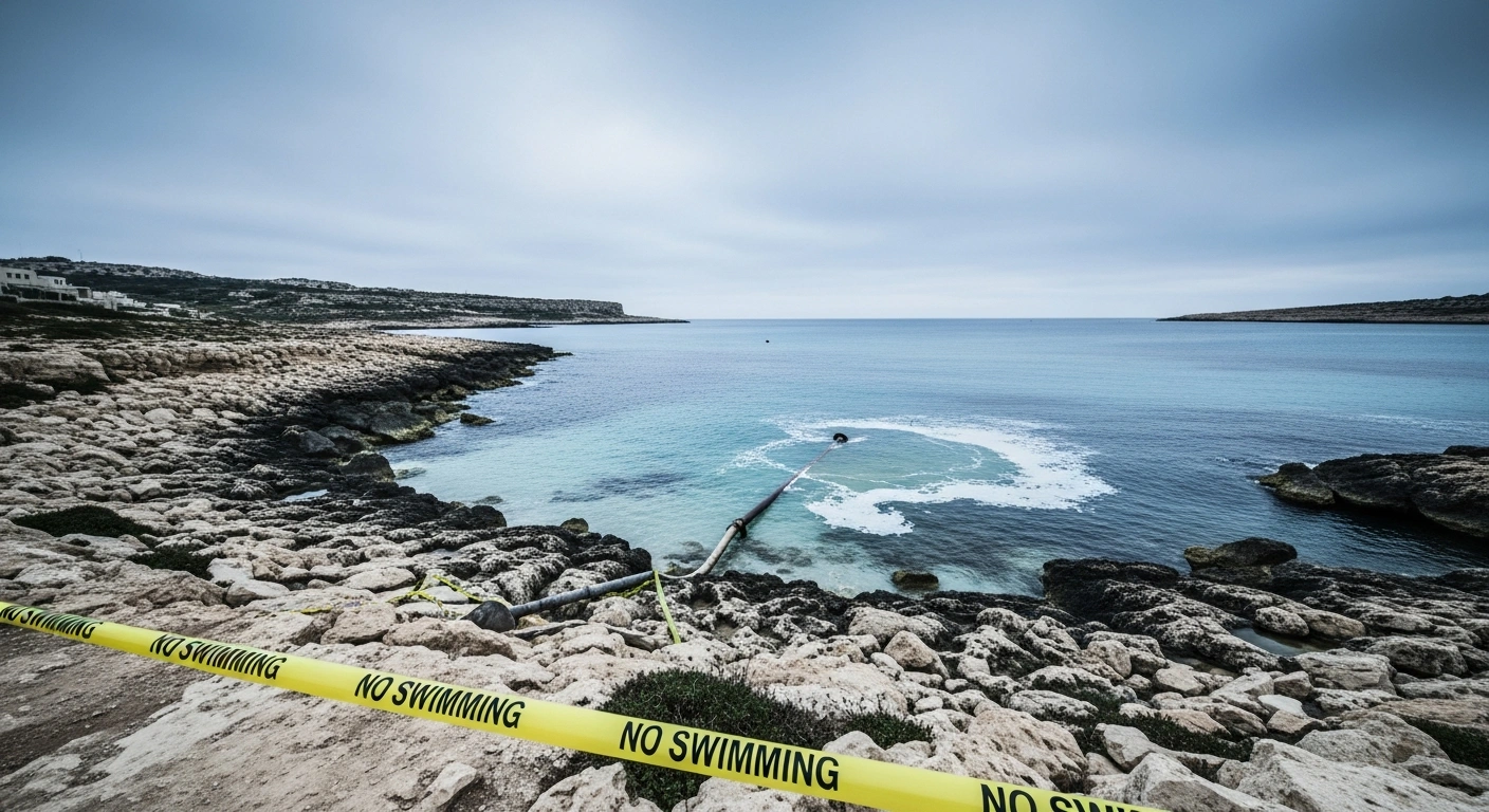 A deserted beach in Sliema, Malta, is closed to the public with caution tape following a sewage leak caused by a damaged drainage pipe.