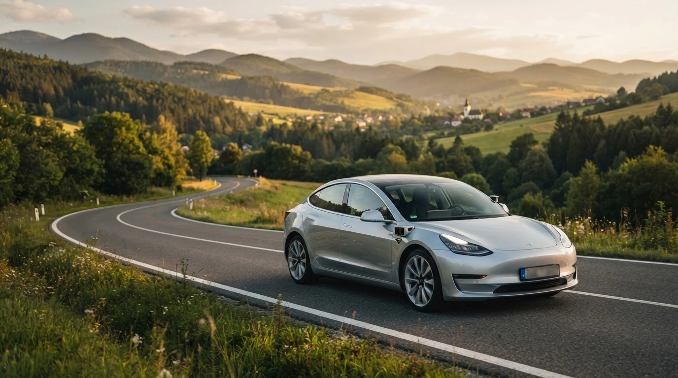 A modern Tesla electric vehicle drives on a scenic road in Slovakia as the country prepares to authorize Full Self-Driving technology.