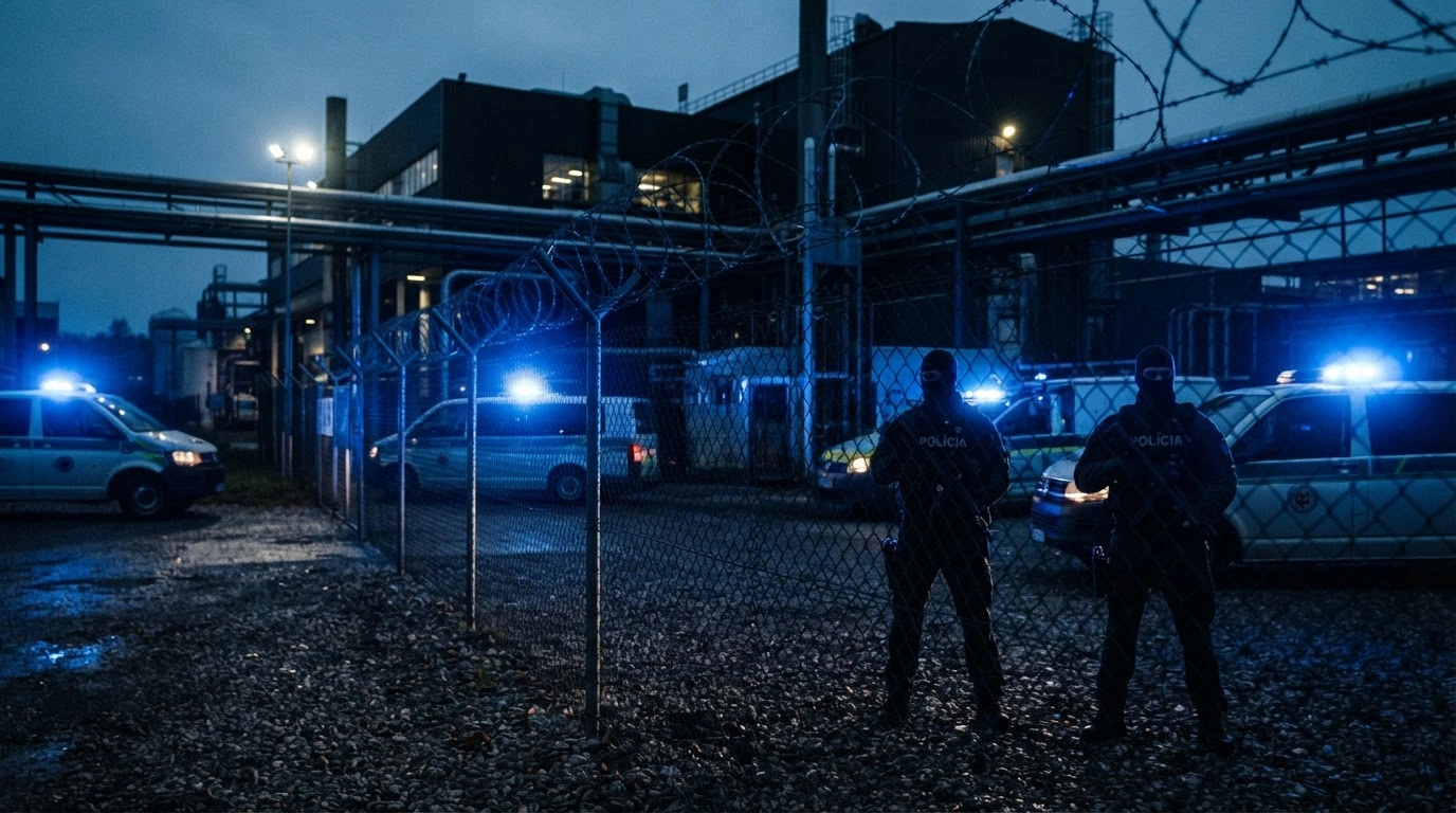 Slovak security forces guard a drone manufacturing facility following the detention of suspects planning an arson attack.