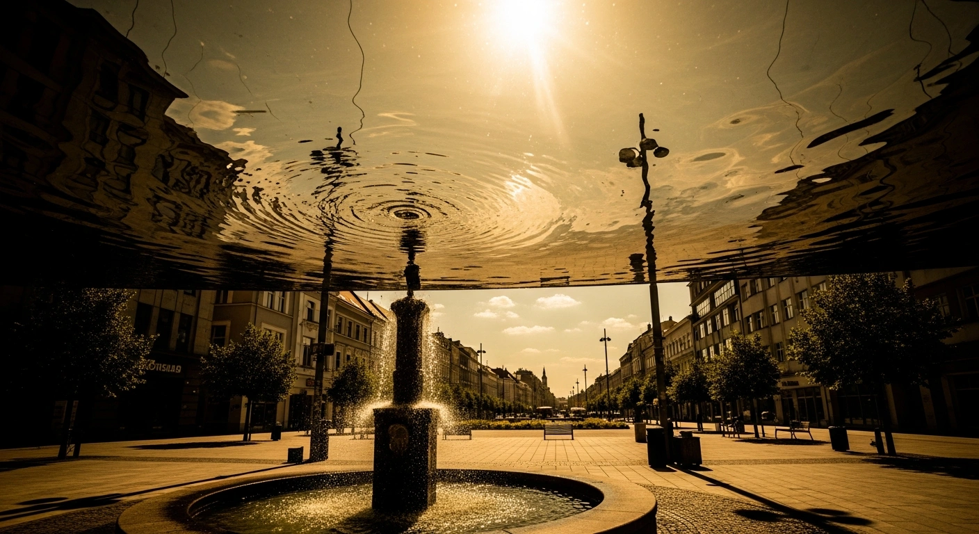 A sun-drenched city square in Slovakia experiences a severe heatwave with shimmering air and empty streets under extreme temperature warnings.
