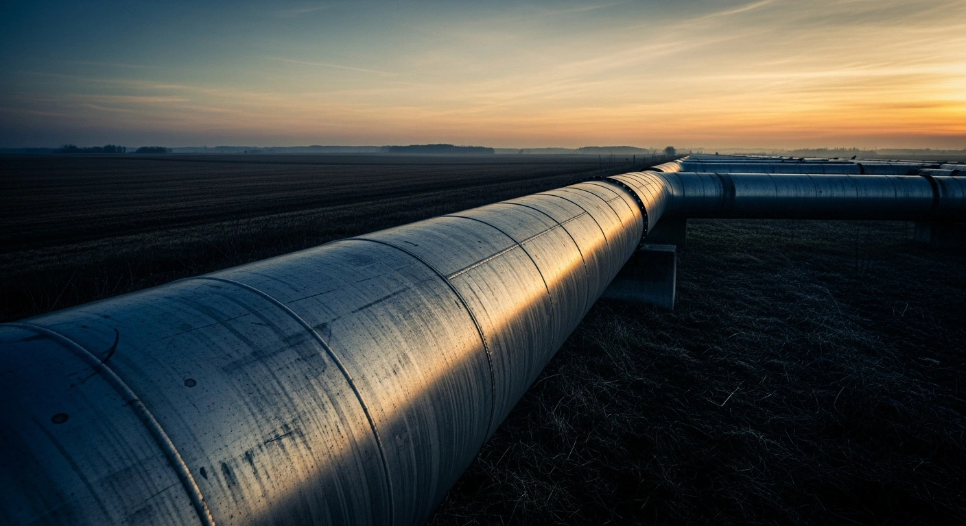 A large industrial oil pipeline stretches across a landscape representing the energy security concerns of Slovakia and Hungary regarding the Druzhba pipeline.