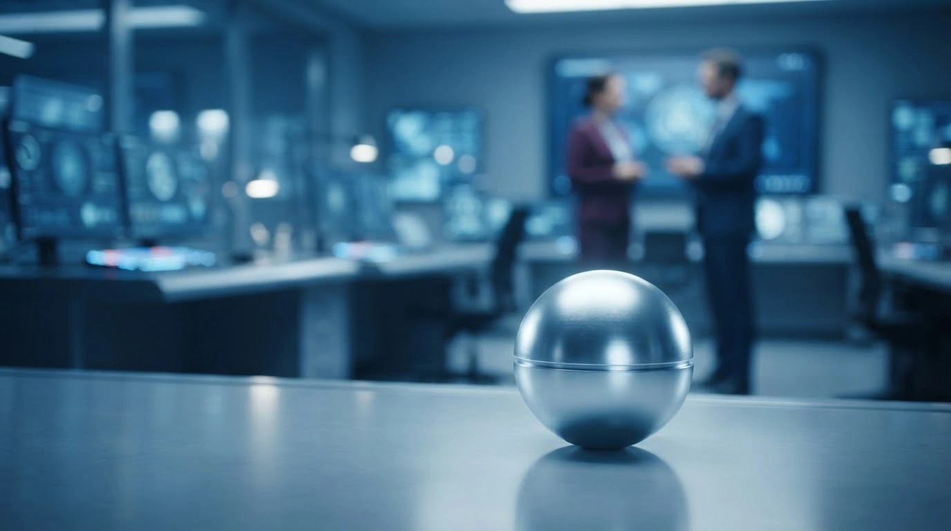 A symbolic representation of Slovakia's appointment to the IAEA Board of Governors featuring a glowing atomic sphere in a modern research facility.