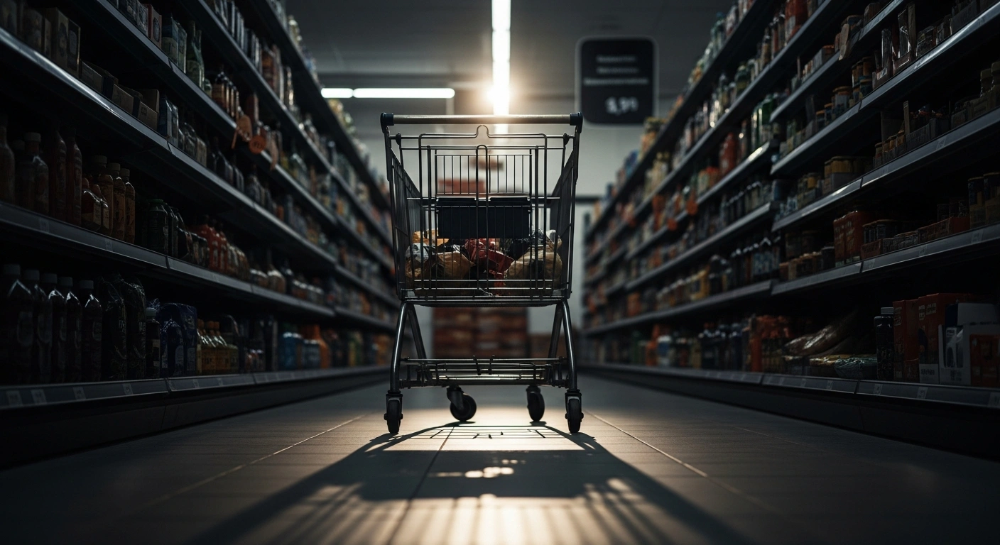 A close-up, low-angle shot of a worn shopping cart sparsely filled with basic, expensive groceries in a dimly lit supermarket aisle, symbolizing Slovakia's 4.0% annual inflation rate in February 2026, driven by rising housing, energy, and food prices.