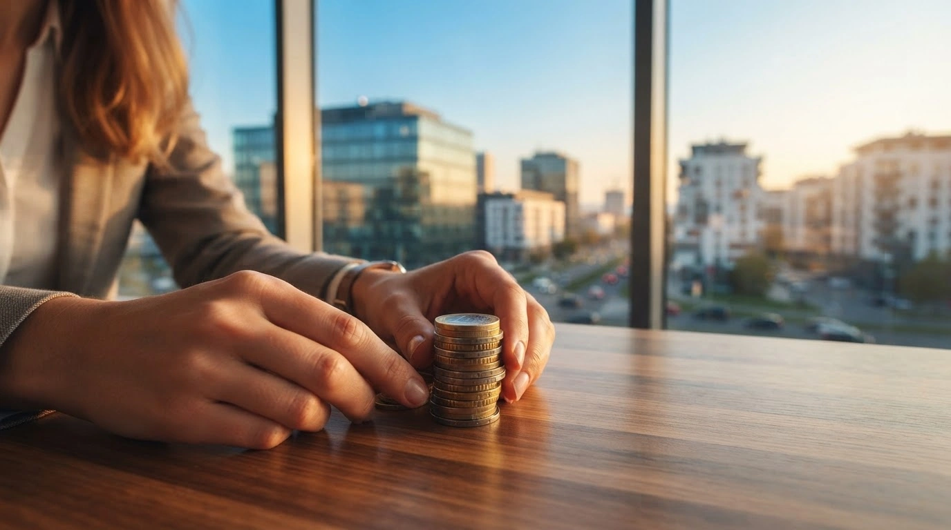 A close-up shot of Euro coins being stacked on a desk, representing the Slovak government's decision to increase the national minimum wage by 2027.