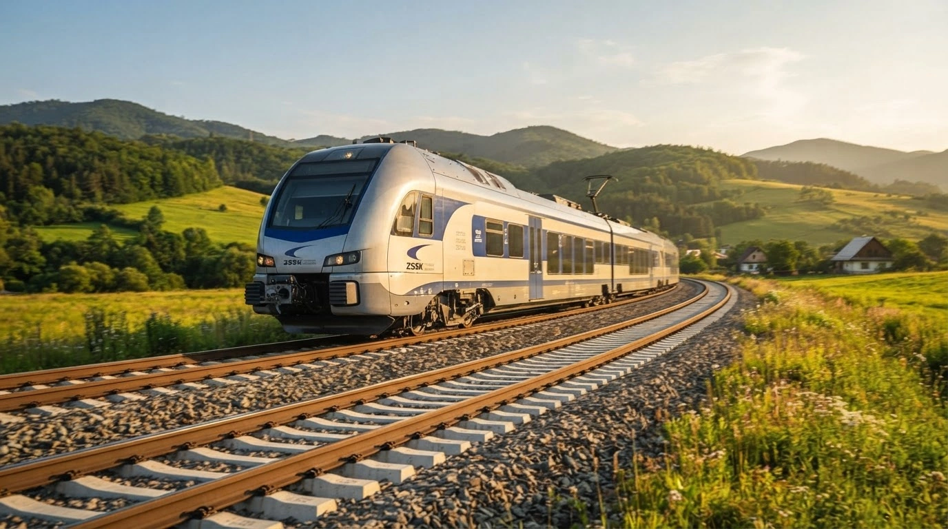 A modern electric train travels along a modernized railway track in Slovakia as part of a national infrastructure development project.