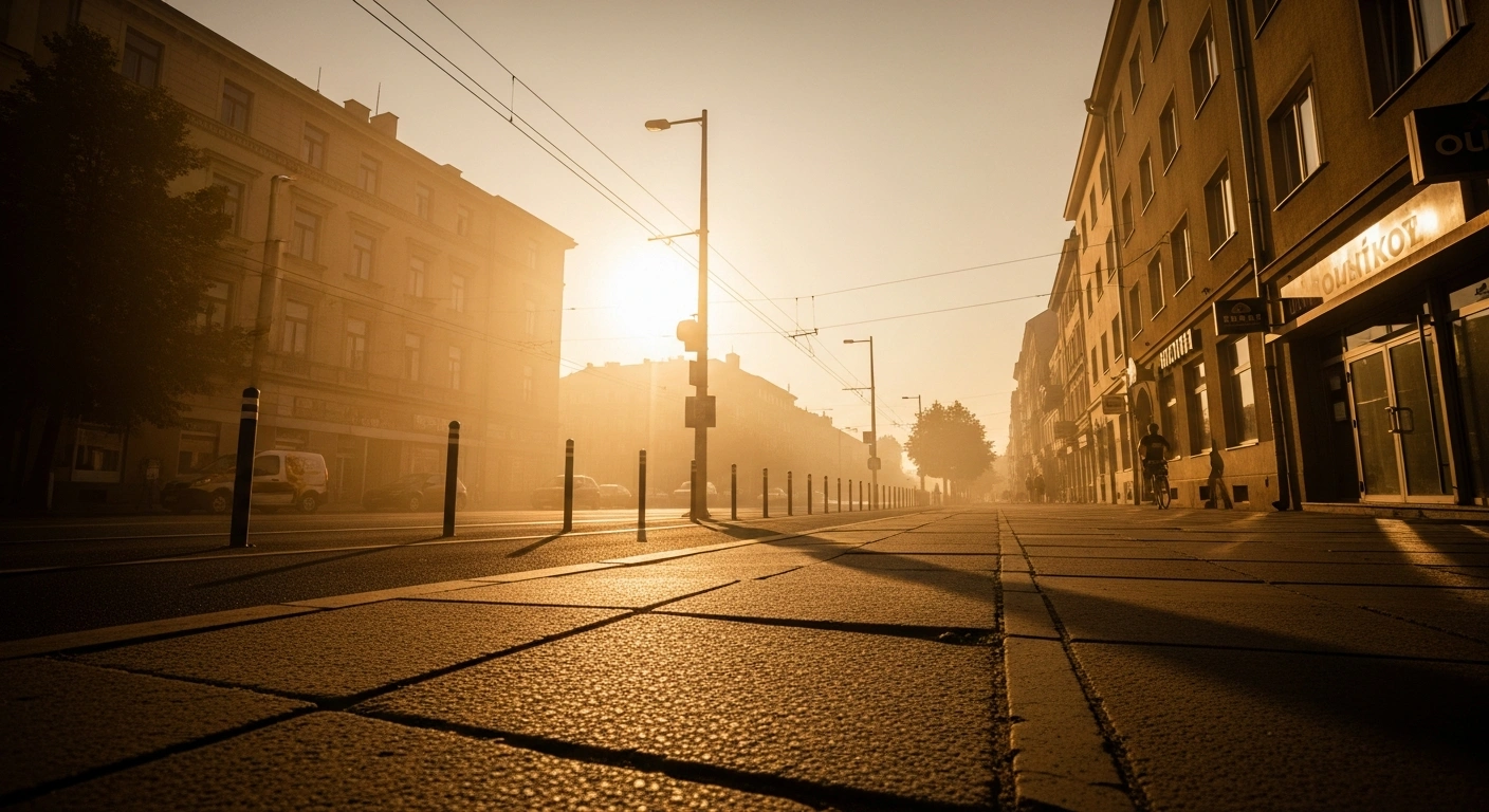 A heat-distorted city street in Slovakia during a severe record-breaking heatwave with intense sunlight and shimmering air.