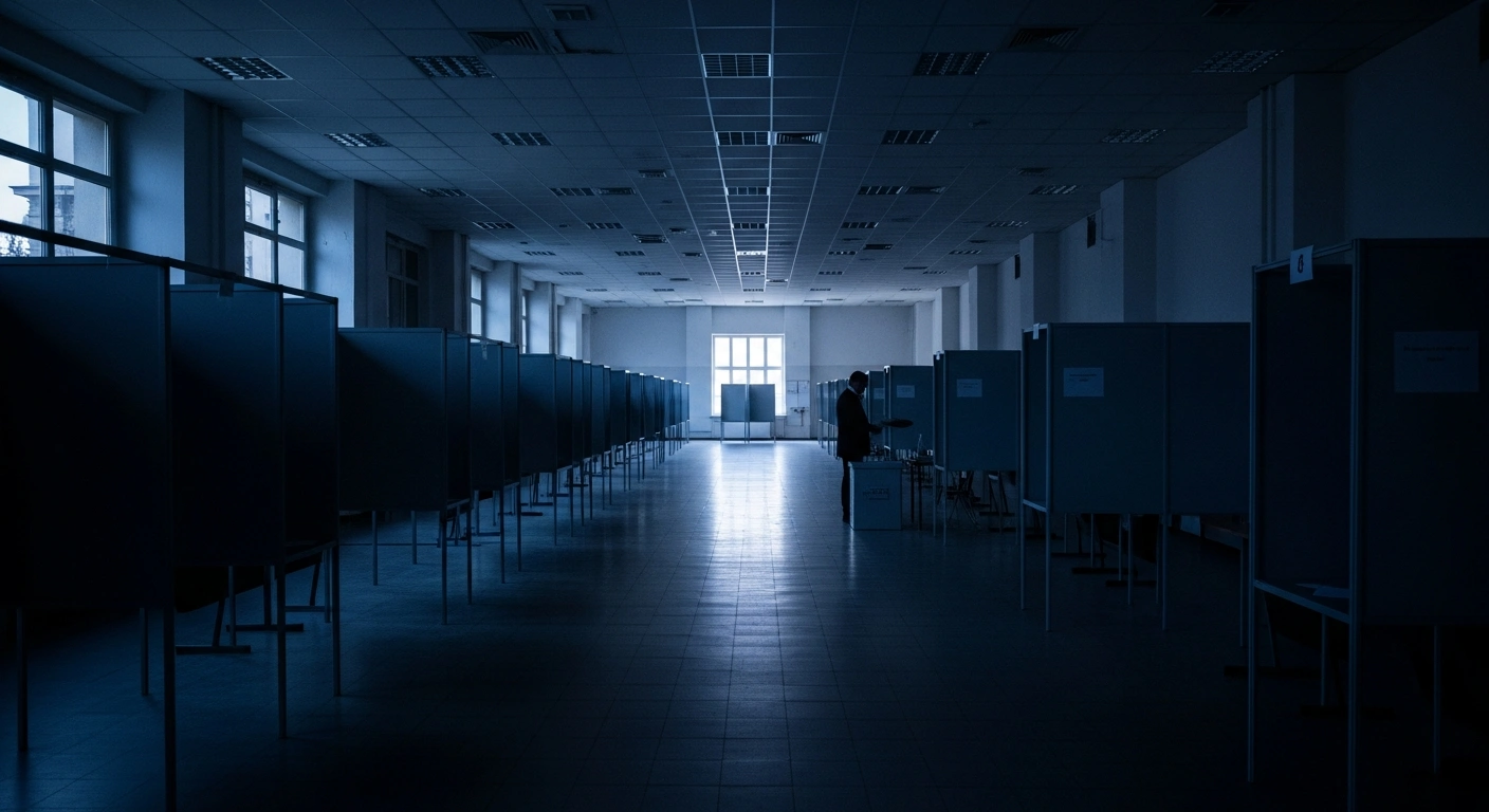 A solitary person stands in a mostly empty polling station in Slovakia after a national referendum failed to reach the required voter turnout.