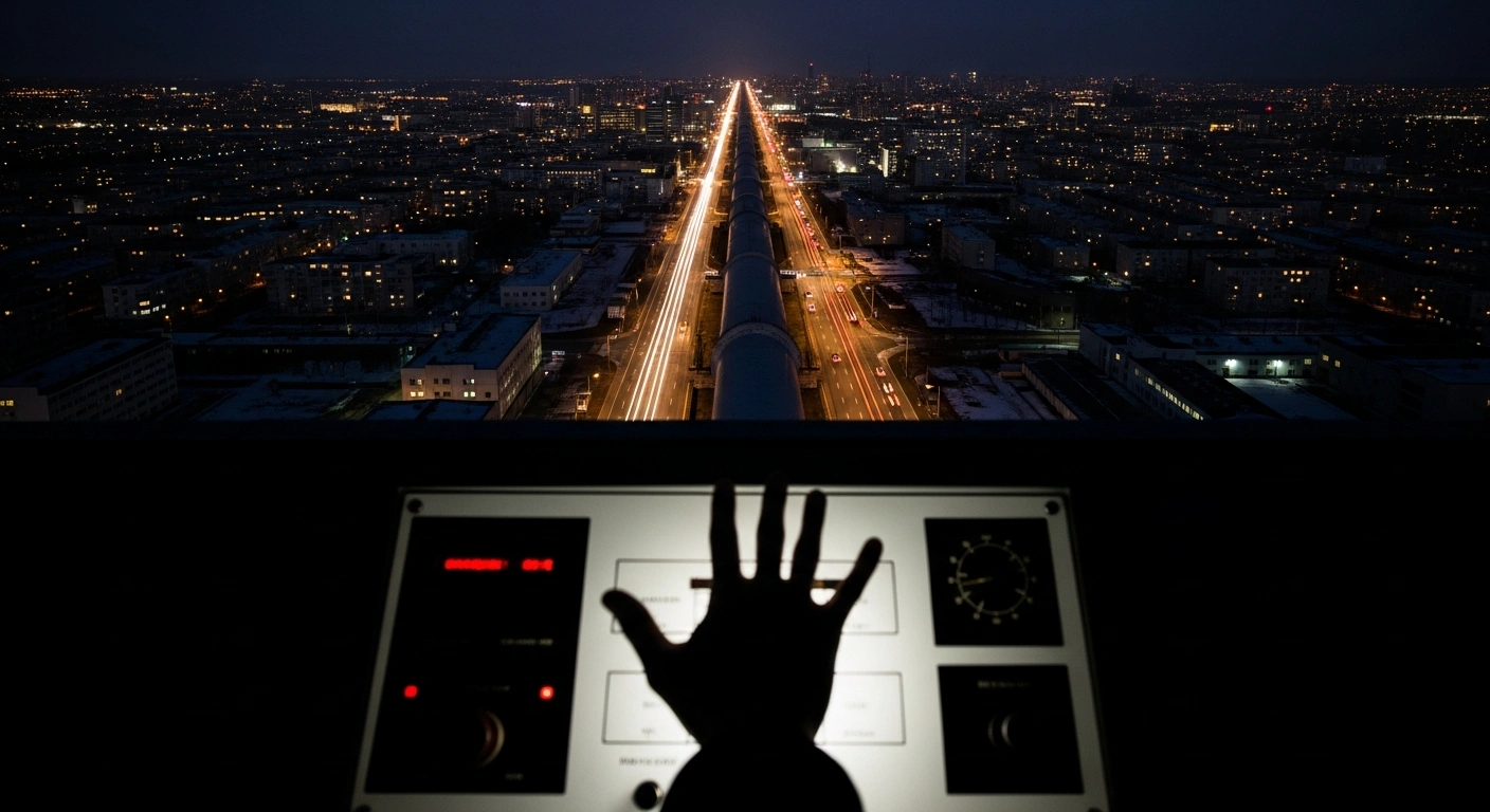 A dramatic, low-angle shot depicts a partially darkened cityscape juxtaposed with a brightly lit oil pipeline, with a silhouetted hand hovering over a control panel, symbolizing Slovakia's ultimatum to Ukraine regarding Russian oil and electricity supplies.