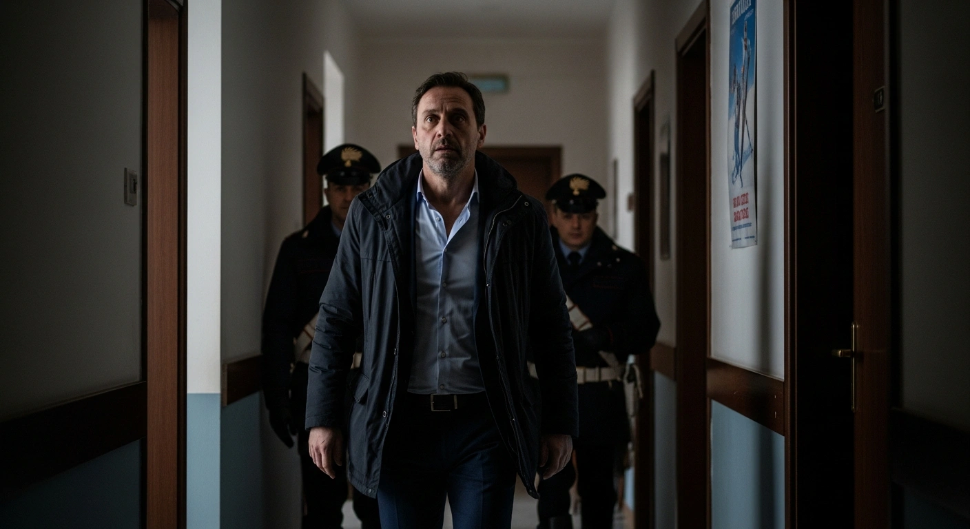 A 44-year-old Slovakian man, wanted for shop thefts committed in Italy in 2010, is depicted being arrested in a dimly lit guesthouse in Milan in 2026, ending his 16-year run.