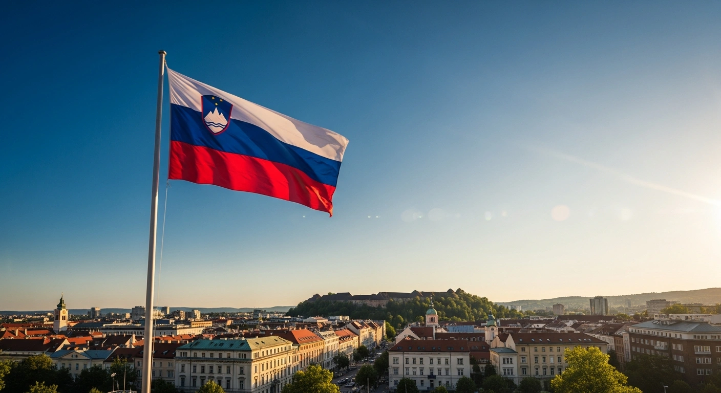 The Slovenian flag waves in the wind above the historic city of Ljubljana during the 33rd anniversary of the nation's Statehood Day.