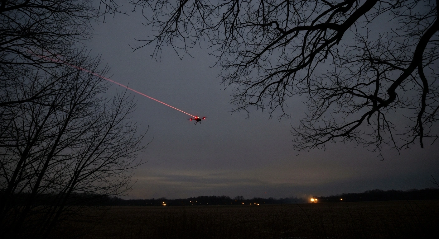 A fiber-optic FPV drone with red navigation lights flies over a desolate, winter landscape at pre-dawn, with distant artillery flashes, symbolizing intensified Russian offensive operations in Ukraine's Slovyansk direction on January 28, where no territorial gains were reported despite attacks near Fedorivka and Platonovka.