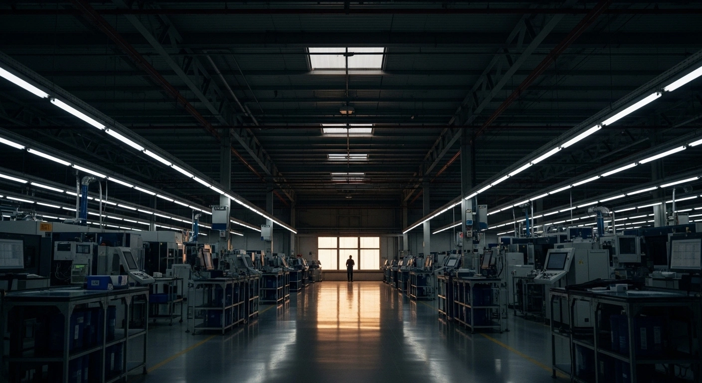 A dimly lit, vast solar panel manufacturing facility with rows of silent machinery and a solitary figure, representing the job cuts by German solar technology firm SMA Solar Technology AG as part of a restructuring program due to a weak market.