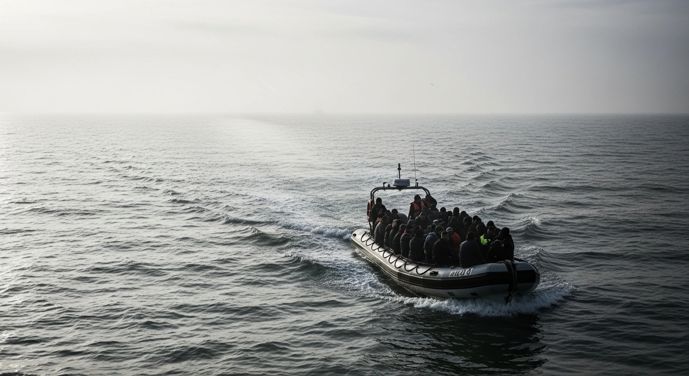 An overcrowded small boat carrying migrants travels across the choppy waters of the English Channel toward the United Kingdom.