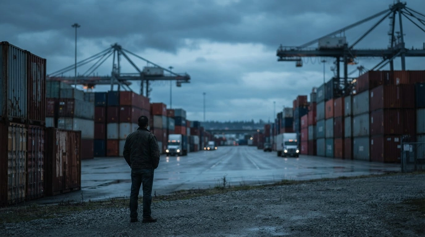 A business owner stands in an industrial shipping yard representing the financial pressure and supply chain disruptions faced by small businesses due to international trade tariffs.