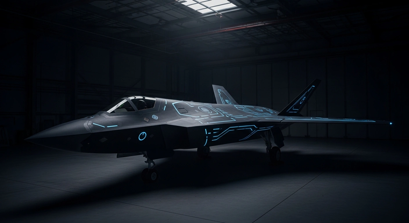 A sleek, obsidian stealth aircraft, illuminated by a subtle electric blue luminescence on its surface in a futuristic hangar, visually represents the 'smart surface' technology developed by Chinese scientists from Xidian University, which converts enemy radar signals into usable electricity for military stealth and 6G communication.