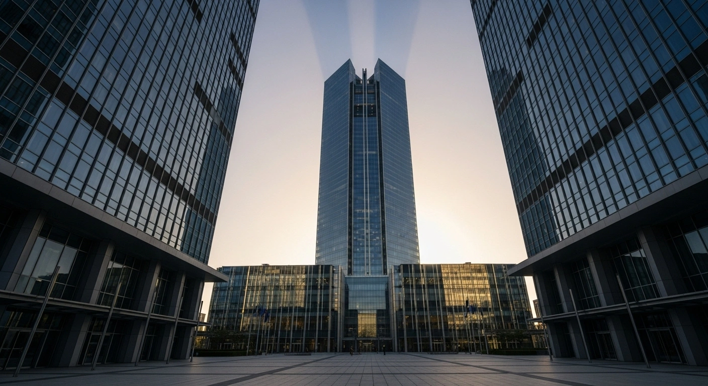 A modern glass-and-steel skyscraper, representing a financial institution, is bathed in the golden light of dawn, symbolizing the successful debut of SMG Swiss Marketplace Group on the SIX Swiss Exchange with shares priced at CHF 46.00 and a valuation of CHF 4.7 billion, ahead of its inclusion in the Swiss Performance Index (SPI).